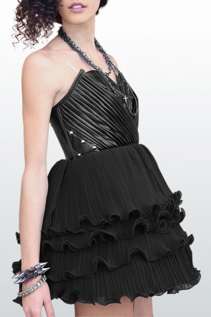 Poetry- Faux Leather Bodice and Pleated Chiffon Gown