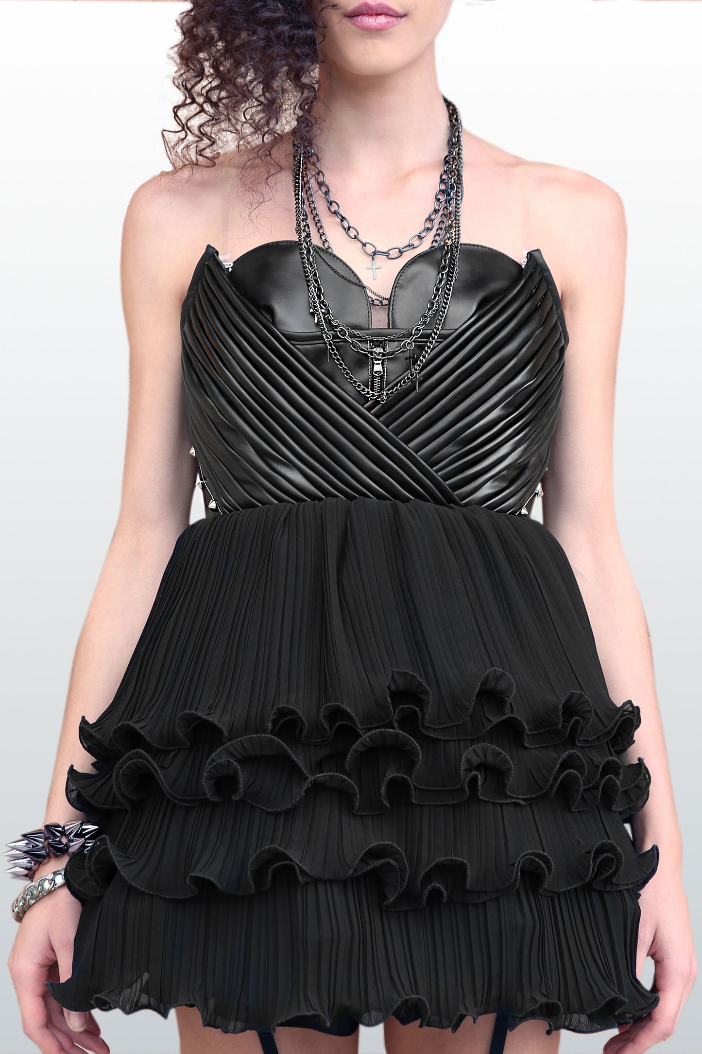 Poetry- Faux Leather Bodice and Pleated Chiffon Gown