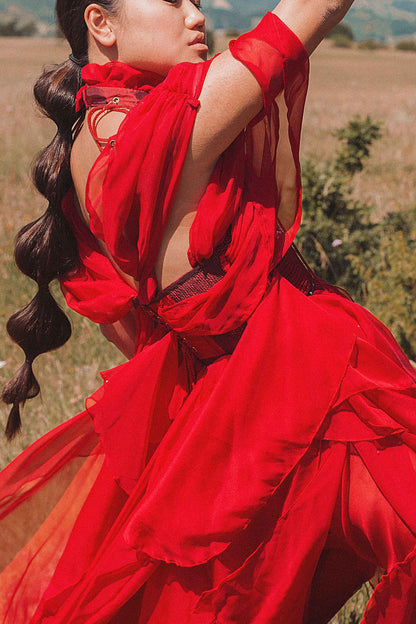 Red Voile Dress with hand made ropes.