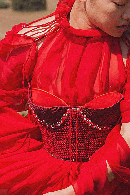 Red Voile Dress with hand made ropes.