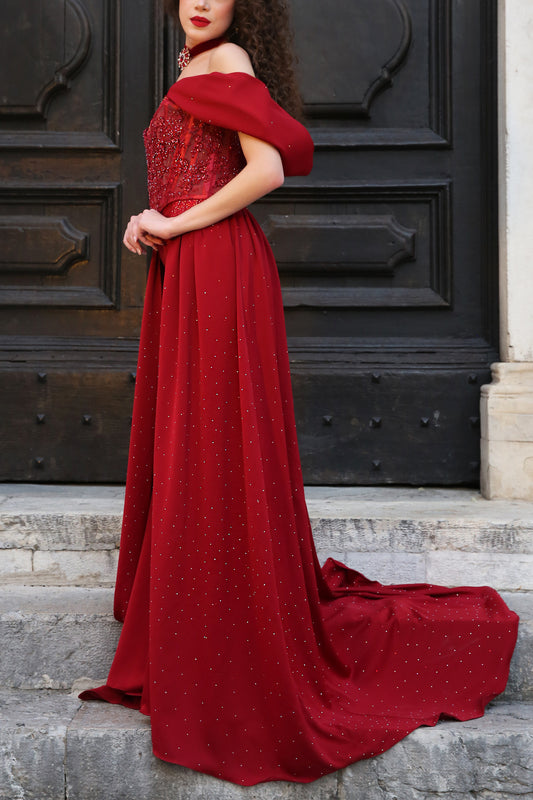 Cecilia - Abito da Sera Rosso con Cristalli Swarovski