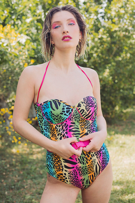 Fluo one-piece swimsuit with Animalier print -Jungle Suit-