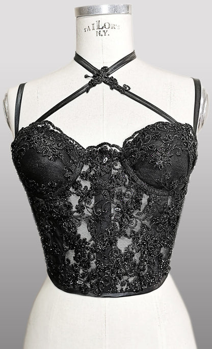 Black Crown -Elegant Black Lace Corset with Beaded Embellishments | Custom-Made Luxury