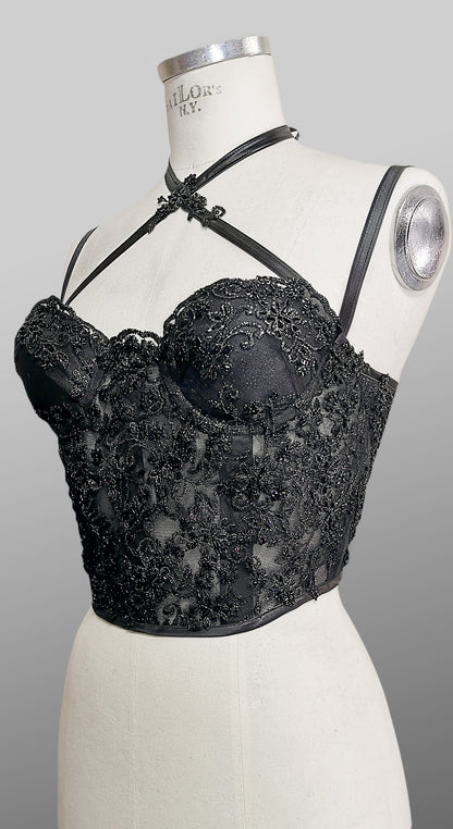 Black Crown -Elegant Black Lace Corset with Beaded Embellishments | Custom-Made Luxury