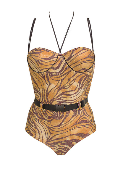 One-piece swimsuit with sweetheart neckline and belt at the waist. - Sahara Shock -