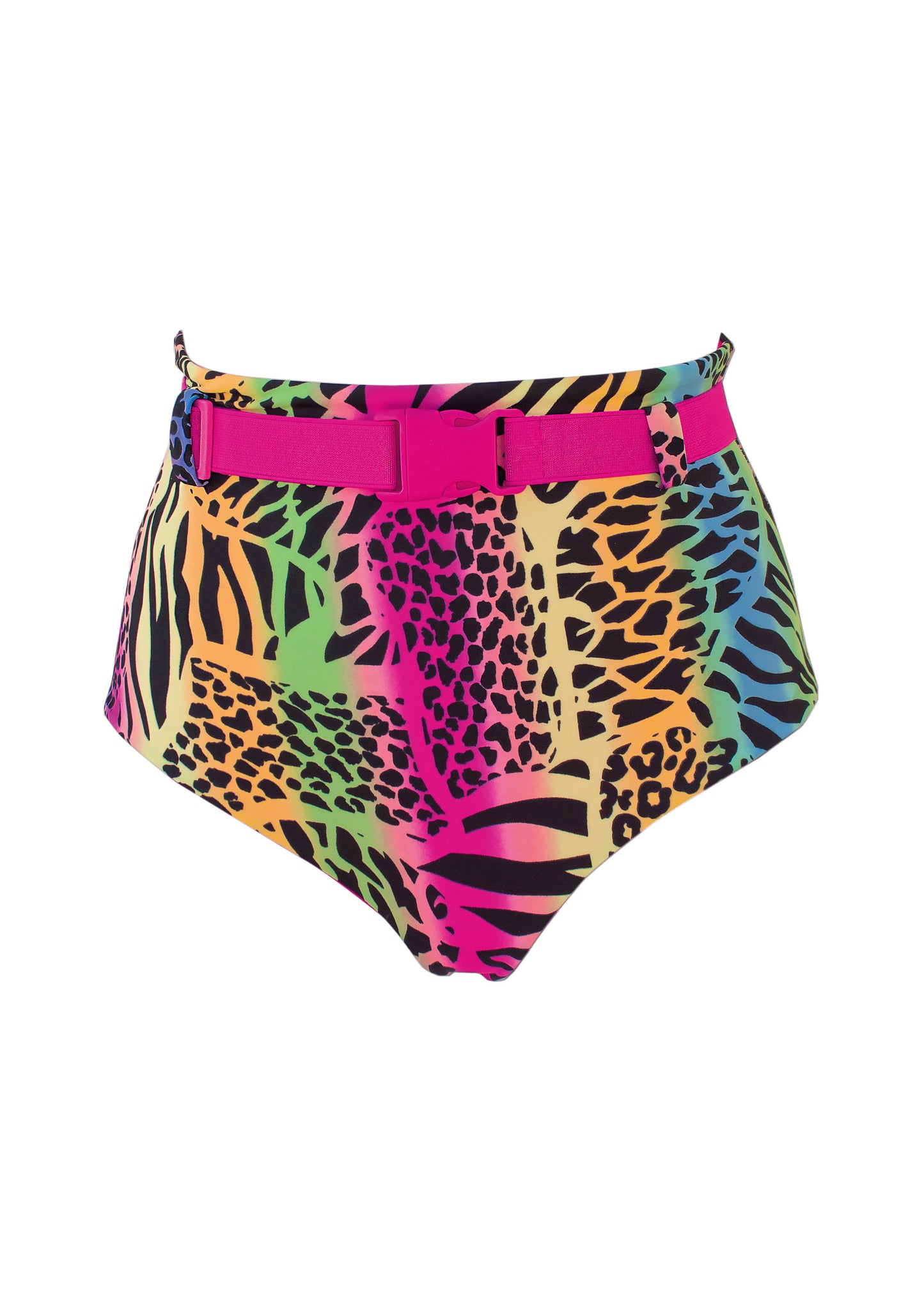 High-waisted bikini bottom in fluo animal print with adjustable belt at the waist