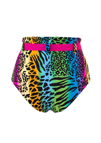 High-waisted bikini bottom in fluo animal print with adjustable belt at the waist