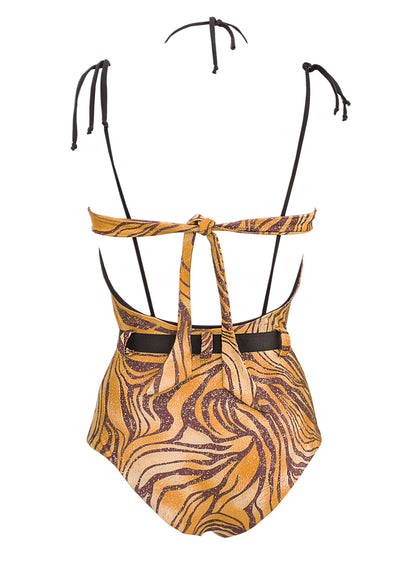 One-piece swimsuit with sweetheart neckline and belt at the waist. - Sahara Shock -